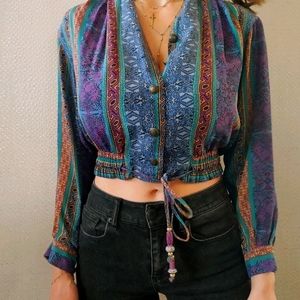 80s 90s printed sari cropped buttondown rayon blouse